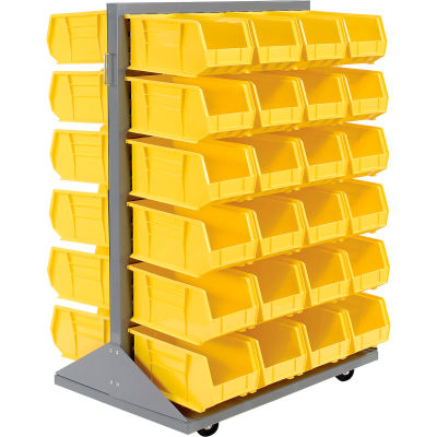 Global Industrial Mobile Double Sided Floor Rack - 48 Yellow Stacking Bins 36 x 54