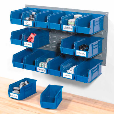 Global Industrial Wall Bin Rack Panel 36 x19 - 18 Blue 5-1/2x11x5 Stacking Bins