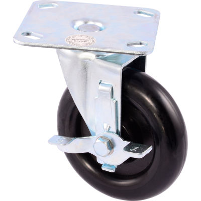 Global Industrial Medium Duty 5" Polyurethane Swivel Plate Caster with Brake - 250 Lb. Cap.
