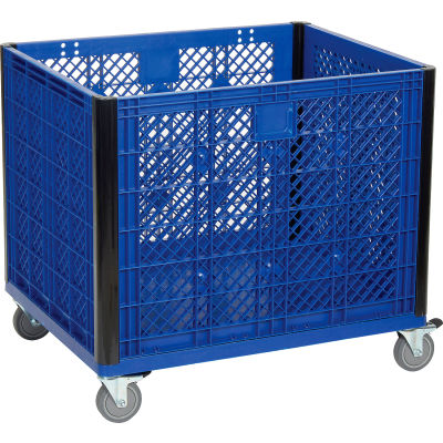 Global Industrial Easy Assembly Vented Wall Bulk Container - Casters 39-1/4 x 31-1/2 x 29 Blue