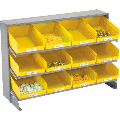 Global Industrial™ 3 Shelf Bench Pick Rack - 12 Yellow Plastic Shelf Bins 8 Inch Wide 33x12x21