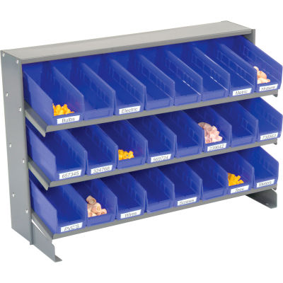 Global Industrial™ 3 Shelf Bench Pick Rack - 24 Blue Shelf Bins 4 Inch Wide 33x12x21