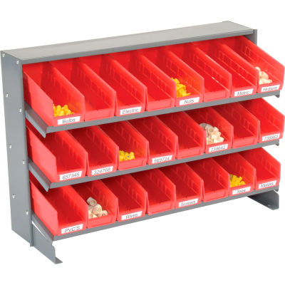 Global Industrial 3 Shelf Bench Pick Rack - 24 Red Plastic Shelf Bins 4 Inch Wide 33x12x21