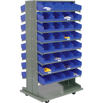 Global Industrial™ 16 Shelf Double-Sided Mobile Pick Rack - 64 Blue Plastic Shelf Bins 8" Wide