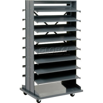 Global Industrial 16 Shelf Double-Sided Mobile Pick Rack - 64 Yellow Plastic Shelf Bins 8"W