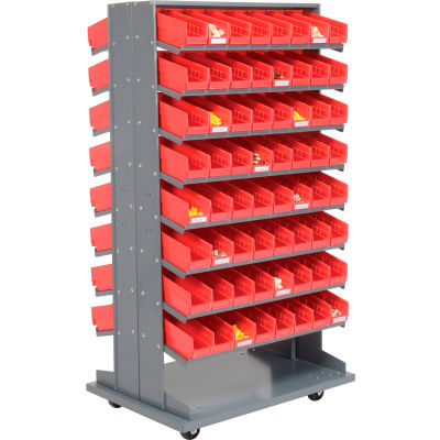 Global Industrial 16 Shelf Double-Sided Mobile Pick Rack - 128 Red Plastic Shelf Bins 4" Wide