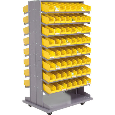 Global Industrial™ 16 Shelf Double-Sided Mobile Pick Rack - 128 Yellow Plastic Shelf Bins 4"W