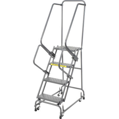 Perforated 16"W 4 Step Steel Rolling Ladder 14"D Top Step W/ Handrails - Gray - FSH418P