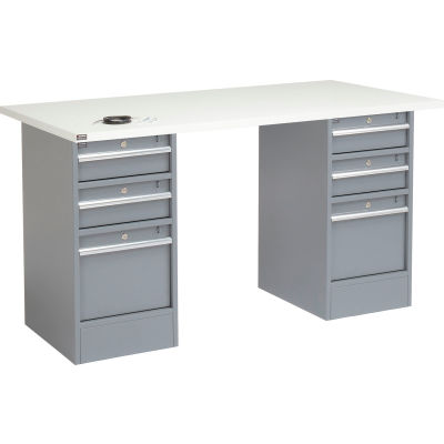 Global Industrial 96"W x 30"D Pedestal Workbench - 6 Drawers, ESD Laminate Square Edge - Gray