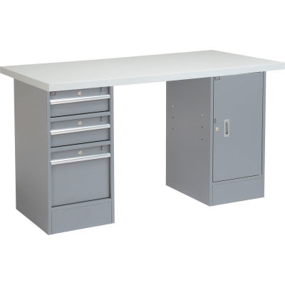 Global Industrial 96 x 30 Pedestal Workbench - 3 Drawers & Cabinet, Laminate Square Edge Gray