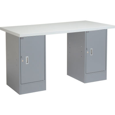 Global Industrial 96x30 Pedestal Workbench - Double Cabinet, Plastic Laminate Square Edge Gray