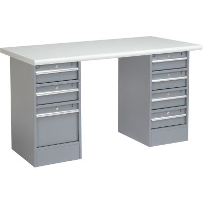 72" W x 30" D Pedestal Workbench W/ 7 Drawers, Plastic Laminate Safety Edge - Gray