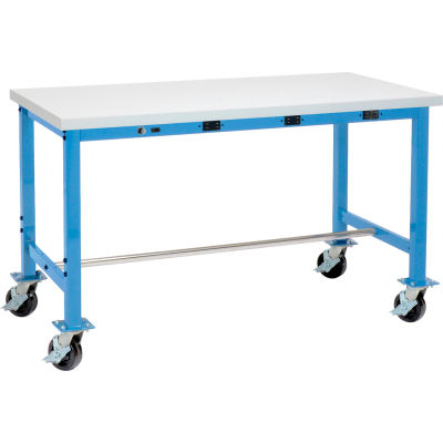Global Industrial 60 x 30 Mobile Packing Workbench - Power Apron - Laminate Square Edge - Blue