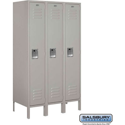 Single Tier 3 Door Metal Locker, 12"Wx18"Dx60"H, Gray, Assembled