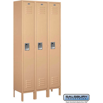 Single Tier 3 Door Metal Locker, 12"Wx12"Dx72"H, Tan, Assembled
