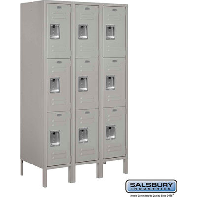 Triple Tier 9 Door Metal Locker, 12"Wx18"Dx20"H, Gray, Assembled