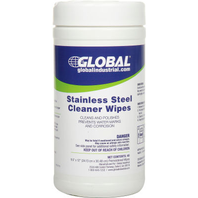 Global Industrial™ Stainless Steel Cleaner Wipes, 40 Wipes/Canister, 6 Canisters/Case
