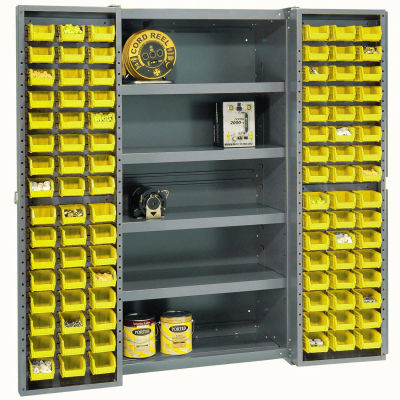 Global Industrial™ Bin Cabinet Deep Door, 96 YL Bins, Shelves, 16 Ga Assembled Cabinet 38x24x72