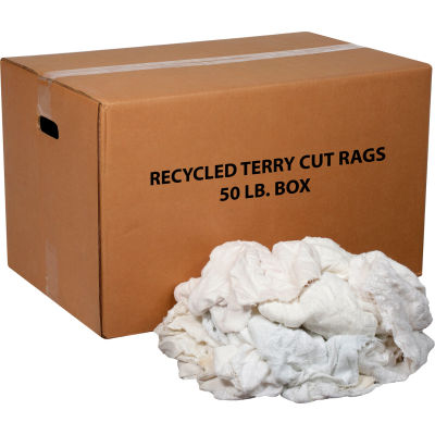 Global Industrial Premium Recycled White Cotton Terry Cut Rags, 50 Lb. Box