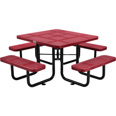 Global Industrial 46" Square Outdoor Steel Picnic Table, Perforated Metal, Red