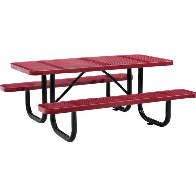 Global Industrial 6 ft. Rectangular Outdoor Steel Picnic Table, Perforated Metal, Red