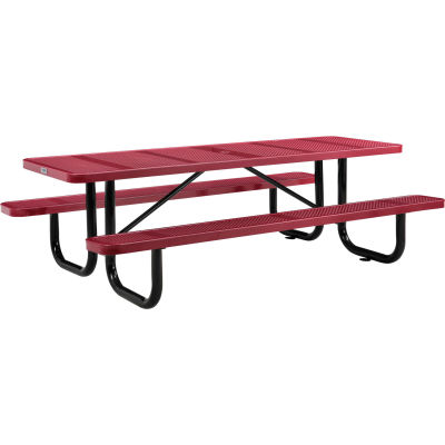 Global Industrial 8 ft. Rectangular Outdoor Steel Picnic Table, Perforated Metal, Red