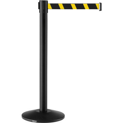 Global Industrial Retractable Belt Barrier, 39" Black Post, 7-1/2' Black/Yellow Belt - Pkg Qty 2