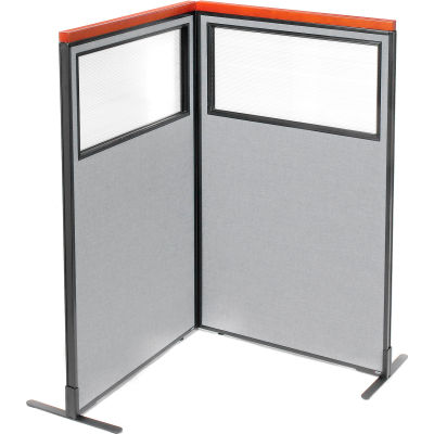 Interion® Deluxe Freestanding 2-Panel Corner Divider w/Partial Window 36-1/4"W x 61-1/2"H Gray