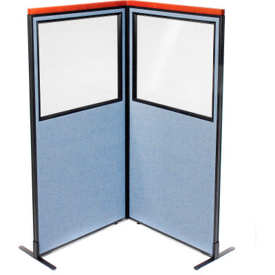 Interion® Deluxe Freestanding 2-Panel Corner Divider w/Partial Window 36-1/4"W x 73-1/2"H Blue