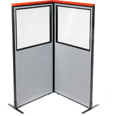 Interion® Deluxe Freestanding 2-Panel Corner Divider w/Partial Window 36-1/4"W x 73-1/2"H Gray