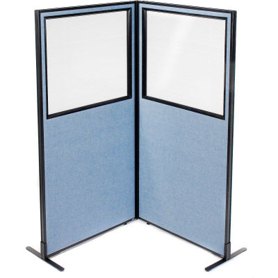 Interion® Freestanding 2-Panel Corner Room Divider w/Partial Window 36-1/4"W x 72"H Panels Blue
