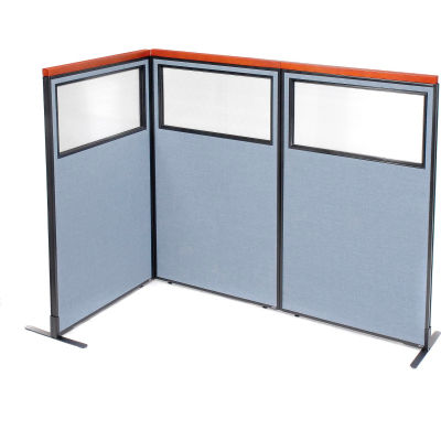 Interion® Deluxe Freestanding 3-Panel Corner Divider w/Partial Window 36-1/4"W x 61-1/2"H Blue