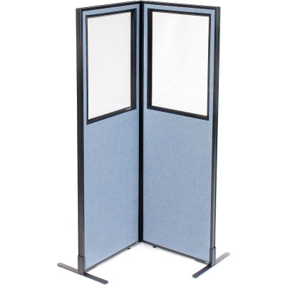 Interion® Freestanding 2-Panel Corner Room Divider w/Partial Window 24-1/4"W x 72"H Panels Blue