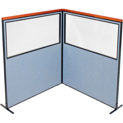 Interion® Deluxe Freestanding 2-Panel Corner Divider w/Partial Window 60-1/4"W x 73-1/2"H Blue