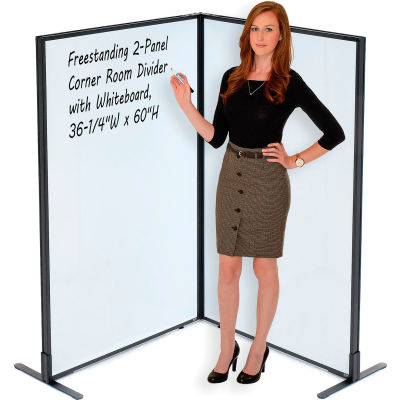 Interion® Freestanding 2-Panel Corner Room Divider with Whiteboard, 36-1/4"W x 60"H