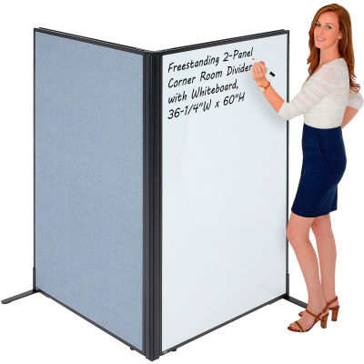 Interion® Freestanding 2-Panel Corner Room Divider with Whiteboard, 36-1/4"W x 60"H, Blue