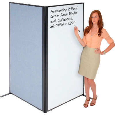 Interion® Freestanding 2-Panel Corner Room Divider with Whiteboard, 36-1/4"W x 72"H, Blue
