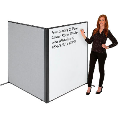 Interion® Freestanding 2-Panel Corner Room Divider with Whiteboard, 48-1/4"W x 60"H, Gray