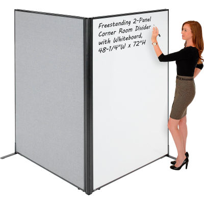 Interion® Freestanding 2-Panel Corner Room Divider with Whiteboard, 48-1/4"W x 72"H, Gray