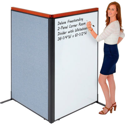 Interion® Deluxe Freestanding 2-Panel Corner Room Divider w/Whiteboard 36-1/4"W x 61-1/2"H Blue