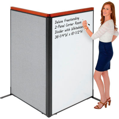 Interion® Deluxe Freestanding 2-Panel Corner Room Divider w/Whiteboard 36-1/4"W x 61-1/2"H Gray