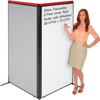 Interion® Deluxe Freestanding 2-Panel Corner Room Divider w/Whiteboard 36-1/4"W x 73-1/2"H Gray
