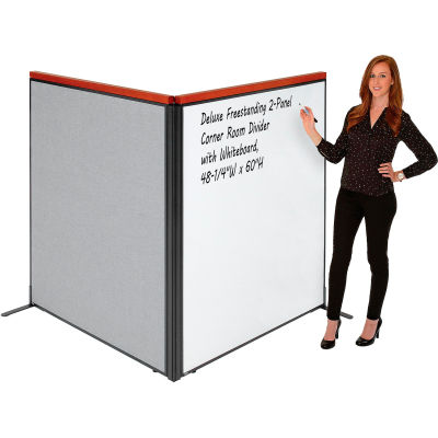 Interion® Deluxe Freestanding 2-Panel Corner Room Divider w/Whiteboard 48-1/4"W x 61-1/2"H Gray