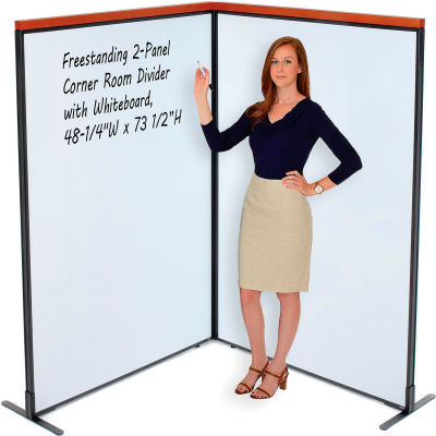 Interion® Deluxe Freestanding 2-Panel Corner Room Divider with Whiteboard, 48-1/4"W x 73-1/2"H