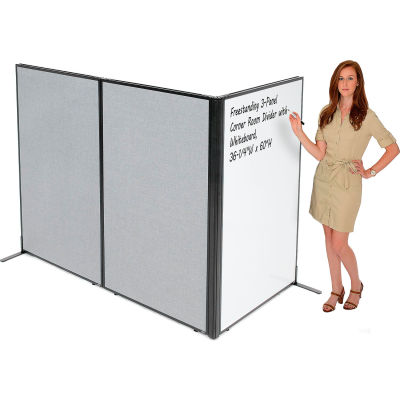 Interion® Freestanding 3-Panel Corner Room Divider with Whiteboard, 36-1/4"W x 60"H, Gray