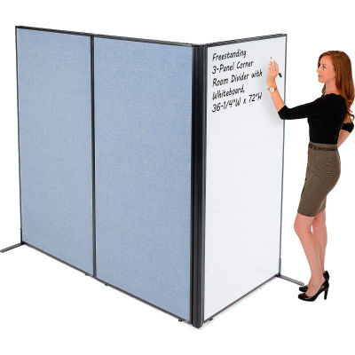 Interion® Freestanding 3-Panel Corner Room Divider with Whiteboard, 36-1/4"W x 72"H, Blue
