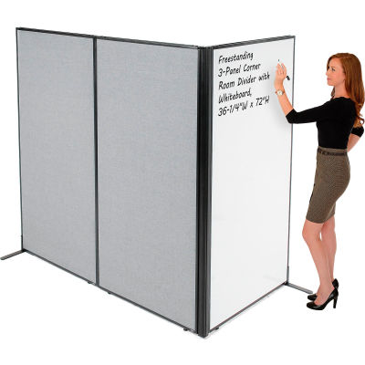 Interion® Freestanding 3-Panel Corner Room Divider with Whiteboard, 36-1/4"W x 72"H, Gray