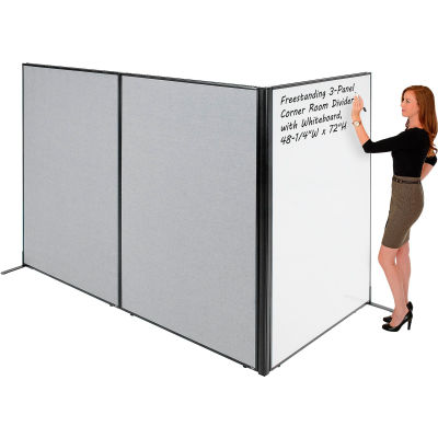Interion® Freestanding 3-Panel Corner Room Divider with Whiteboard, 48-1/4"W x 72"H, Gray