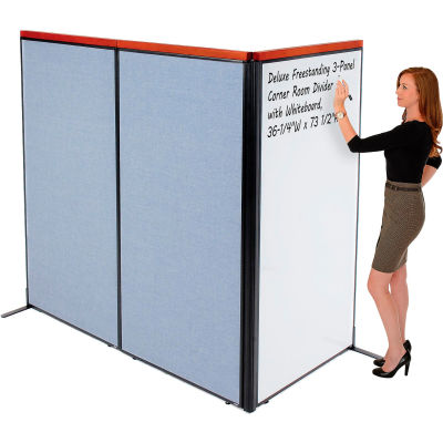 Interion® Deluxe Freestanding 3-Panel Corner Room Divider w/Whiteboard 36-1/4"W x 73-1/2"H Blue