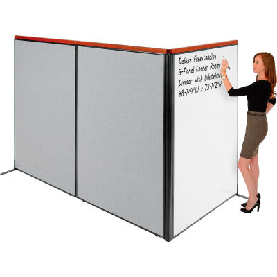 Interion® Deluxe Freestanding 3-Panel Corner Room Divider w/Whiteboard 48-1/4"W x 73-1/2"H Gray